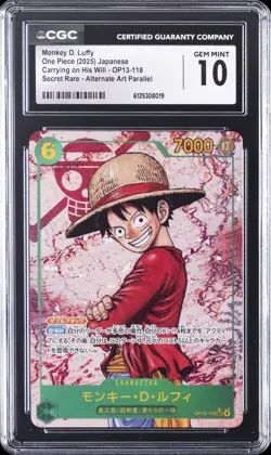 2025 ONE PIECE JPN CARRYING ON HIS WILL ALT ART #OP13-118 MONKEY D. LUFFY CGC 10 - Image 1