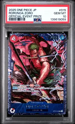 2025 ONE PIECE JAPANESE PROMOS OFFICIAL EVENT PRIZE #015 RORONOA ZORO PSA 10 - Image 1