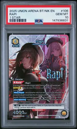 2025 UNION ARENA UE14BT/NIK GODDESS OF VICTORY: NIKKE 1 STAR #106 RAPI PSA 10 - Image 1