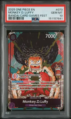 2025 ONE PIECE PROMOS BANDAI CARD GAMES FEST #073 MONKEY D. LUFFY PSA 10 - Image 1