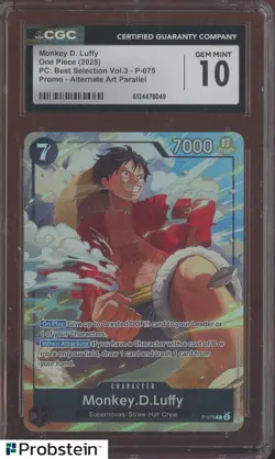 2025 One Piece PC Best Selection Vol.3 Promo Alt Monkey D. Luffy P-075 CGC 10 - Image 1