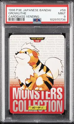 1996 POKEMON JPN BANDAI CARDDASS VENDING #58 GROWLITHE PSA 9 - Image 1