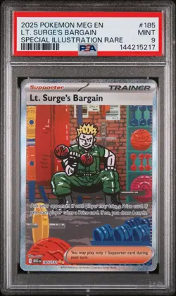 2025 Pokemon Mega Evolution Base #185 SIR Lt. Surge's Bargain PSA 9 Mint - Image 1