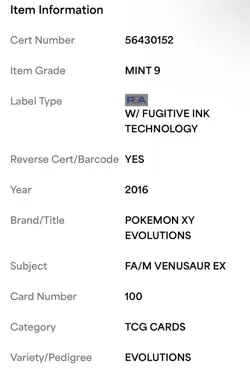 M Venusaur EX Full Art 100/108 XY Evolutions Holo Pokemon 2016 PSA 9 MINT #100 - Image 3