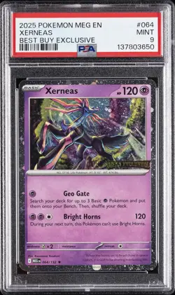 2025 POKEMON MEG EN-MEGA EVOLUTION BEST BUY EXCLUSIVE #064 XERNEAS PSA 9 - Image 1