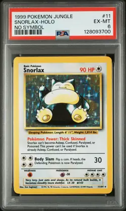 1999 POKEMON JUNGLE NO SYMBOL #11 SNORLAX-HOLO PSA 6 - Image 1