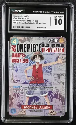 GEM MINT 10 CGC One Piece Card Monkey.D.Luffy P-055 College Basketball Voyage 05 - Image 1