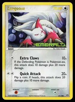 Zangoose 21/106 Rare Reverse Holo Stamped Emerald Pokemon Card - Image 1