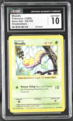 CGC 10 GEM MINT Weedle 1999 Base Set 69/102 Shadowless Pokemon Card - Image 1