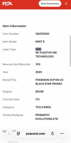 PSA 9 - Eevee 173 - English Pokemon Prismatic Evolutions ETB Promo - Image 4
