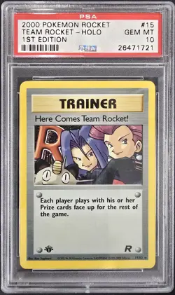 2000 POKEMON ROCKET 1ST EDITION HOLO #15 HERE COMES TM.ROCKET! PSA 10 - Image 1