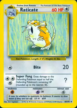 RATICATE 40/102 UNCOMMON BASE SET UNLIMITED POKEMON MP - Image 1
