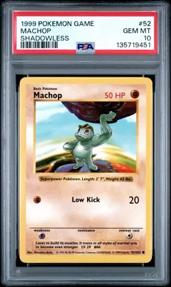 1999 Pokemon Base Set Shadowless – Machop 52/102 – PSA 10 GEM MINT - Image 1