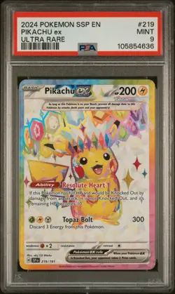 Pokemon Pikachu ex Ultra Rare Holo EX Sv08 Surging Sparks 219/191 PSA 9 English - Image 1
