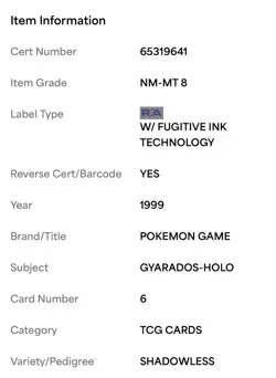 PSA 8 Shadowless Gyarados Holo 1999 Base Set #6 Pokemon NM-MT - Image 2