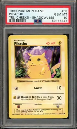 Pikachu Pokemon 1999 Base Set Shadowless Yellow Cheeks 58/102 PSA 10 #6847 - Image 1