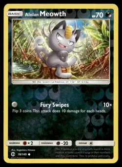 Alolan Meowth 78/149 Pokemon Card Sun & Moon Common 70 HP Rev Holo LP LM - Image 1