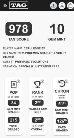 Ceruledge ex 147/131 Sv: Prismatic Evolutions Holo TAG Gem Mint 10 - Image 2