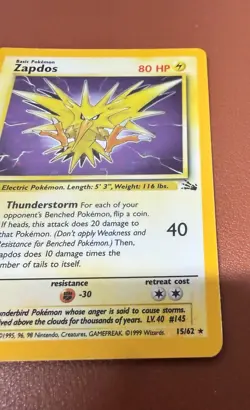 POKEMON TCG ZAPDOS 15/62 RARE HOLO FOSSIL SET EX/NEAR MINT PACK TO FOLDER - Image 5