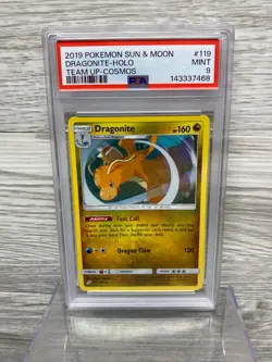 2019 Pokemon Sun & Moon Team Up Cosmos Dragonite Holo #119 PSA 9 - Image 1