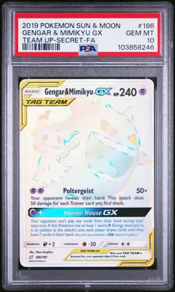 2019 POKEMON SUN & MOON TEAM UP SECRET #186 FULL ART/GENGAR & MIMIKYU GX PSA 10 - Image 1