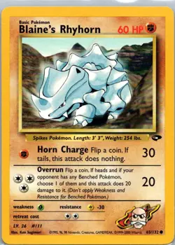 Pokemon TCG Blaines Rhyhorn 65/132 Gym Challenge LP - Image 1