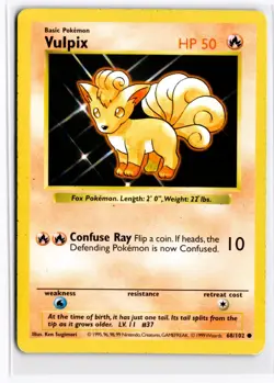1999 TCG Pokemon #68 Vulpix Regular 68/102 Shadowless Base Set - Image 1
