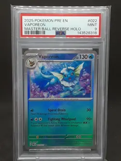 VAPOREON 2025 POKEMON PRE EVOLUTION MASTER BALL REVERSE HOLO PSA MT 9 QQ - Image 1