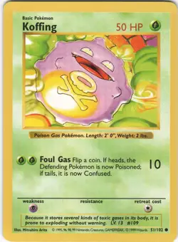 Koffing 51/102 Unlimited C Base Set Shadowless NM Pokemon - Image 1