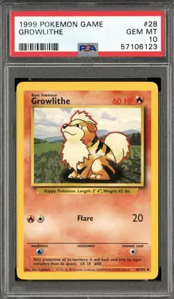 1999 POKEMON GAME BASE SET #28 GROWLITHE PSA 10 GEM MINT - Image 1