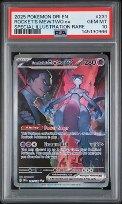 2025 POKEMON DRI EN DESTINED RIVALS TEAM ROCKET’S MEWTWO EX 231 FULL ART PSA 10 - Image 1