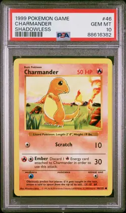 PSA 10 Charmander - Shadowless Base Set 1999 Pokemon Card - GEM MINT - Image 1