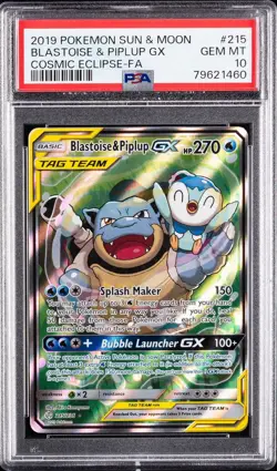 Pokemon Blastoise & Piplup GX Cosmic Eclipse Alt Art #215 PSA 10 Gem Mint - Image 1