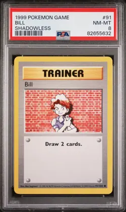 PSA 8 Shadowless Bill 91/102 - Trainer Base Set Graded Pokemon 1999 NEAR MINT - Image 1