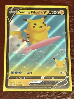 Pokemon Surfing Pikachu V (Ultra Rare, Holo) Celebrations 008/025 200 HP TCG - Image 1