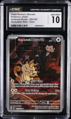2025 POKEMON DESTINED RIVALS #203/182 TEAM ROCKET'S MEOWTH CGC 10 GEM MINT - Image 1