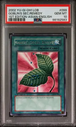 2002 Yu-Gi-Oh! Goblin/Remedy Legend of Blue Eyes LOB 1st Edition Rare PSA 10 AE* - Image 1