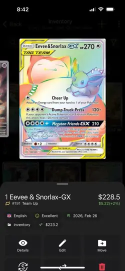 Pokemon Eevee & Snorlax GX TAG TEAM Full Art Secret Rare Holo SM-Team Up 191/181 - Image 4