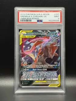 PSA 9 MINT Greninja & Zoroark GX 107 Unbroken Bonds Pokemon Card - Image 1