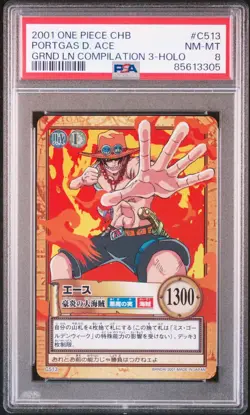 PSA8 One Piece Carddass Hyper Battle Portgas D Ace Grand Line Holo 2001 - Image 1