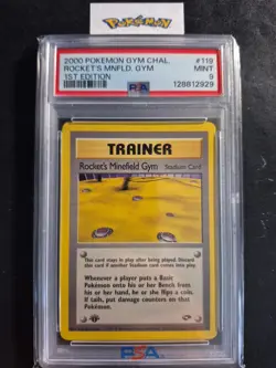 First Edition 2000 Pokemon Gym Chal. 119/132 Rocket's Minefield Gym PSA Mint 9 - Image 1