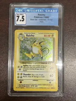 Pokemon TCG Vintage Raichu 14/102 1999 Base Set Holo Rare Graded CGC 7.5 NM - Image 1