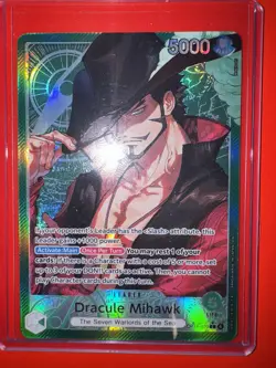 One Piece OP14 The Azure Sea’s Seven - Dracule Mihawk OP14-020 Leader Alt Art - Image 1