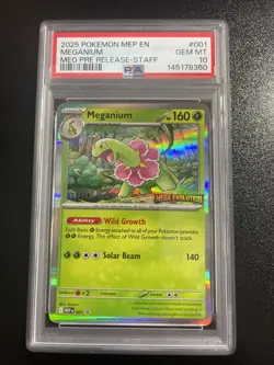 2025 Pokemon Mega Evolution Meganium 001 Prerelease Staff PSA 10 - Image 1