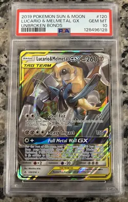 2019 POKEMON SUN & MOON UNBROKEN BONDS #120 LUCARIO & MELMETAL GX PSA 10 - Image 1