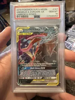 PSA 10 2019 POKEMON SUN & MOON UNBROKEN BONDS #107 GRENINJA & ZOROARK GX - Image 1