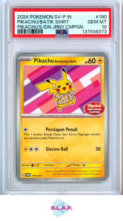 PIKACHU/BATIK SHIRT PIKACHU'S JRNY.CMPGN POKEMON IND SV-P PRM 2024 190 PSA 10 - Image 1