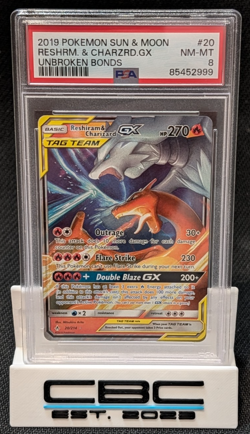 2019 Pokemon Unbroken Bonds Reshiram & Charizard GX 20/214 PSA 8 NM MT - Image 1