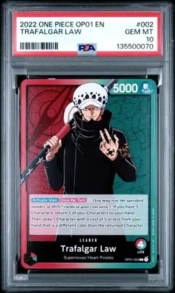 2022 ONE PIECE OP01-ROMANCE DAWN #002 TRAFALGAR LAW PRE ERRATA PSA 10 - Image 1