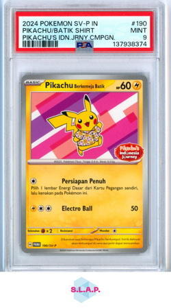 PIKACHU/BATIK SHIRT PIKACHU'S IDN.JRNY.CMPGN POKEMON IND SV-P PRM 2024 190 PSA 9 - Image 1